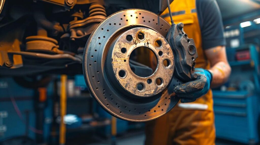 Close-up of worn brake pads and rotors in a garage, emphasizing brake maintenance
