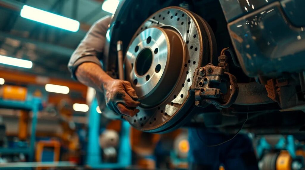 Mechanic inspecting brake pads in a garage, highlighting professional brake pad replacement services