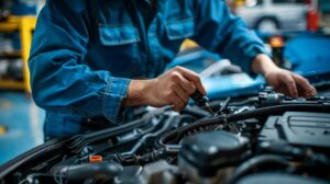 Mechanic inspecting car engine components for misfire diagnostics