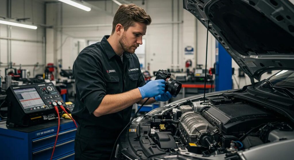 an expert technician in a modern garage, focused intently on a vehicle's air conditioning system, surrounded by diagnostic tools and equipment, illustrating the importance of regular refrigerant inspections for optimal ac performance.