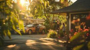 a vibrant suburban driveway showcases a cheerful american family inspecting their car's cooling system together, embodying the spirit of unity and proactive vehicle maintenance in a sunny afternoon.