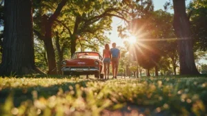 a joyful american family, basking in sunlight, stands proudly beside their vibrant car in a picturesque park, embodying the essence of happiness and togetherness.