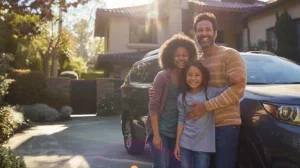 a joyful american family poses beaming with smiles beside their vibrant, polished suv in a sunlit suburban driveway, capturing the essence of happiness and togetherness.