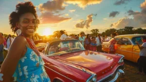 a joyful gathering of diverse american families, radiating happiness, stands proudly beside their vibrant cars against a stunning sunset, emphasizing the spirit of togetherness and freedom.