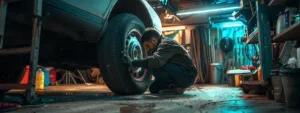 a mechanic carefully inspecting worn brake pads on a car in a well-lit garage in ann arbor.