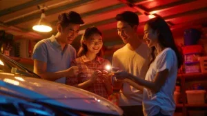 a vibrant family gathering in a well-lit garage, smiling together as they enthusiastically inspect their pristine car, emphasizing the importance of regular brake fluid changes for safety and performance.