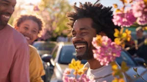a vibrant family gathering in a sun-drenched park, showcasing joyful american families laughing together beside their shiny cars, with a backdrop of blooming flowers and a clear blue sky.