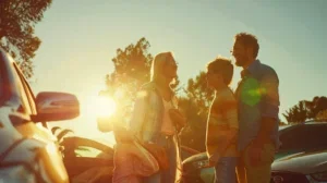 a vibrant outdoor scene showcases joyful american families, beaming with happiness as they gather beside their gleaming cars, bathed in warm golden sunlight against a clear blue sky.