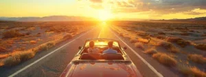 a vibrant scene captures a joyful family cruising down an open american highway in a vintage convertible, with the sun setting in the background, casting a golden glow over the picturesque landscape.