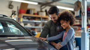 a close-up shot of a cheerful american family inspecting their shiny, well-maintained car in a modern garage, illustrating the importance of catalytic converter repair and the pride of vehicle ownership.