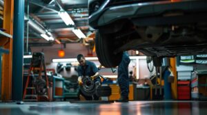 a modern auto repair shop in ann arbor, featuring a skilled technician inspecting a vehicle's brake system with precision tools, highlighted by bright overhead lights and a clean, organized workspace.