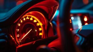 a close-up of a car's dashboard warning light illuminated brightly against a sleek, modern interior, emphasizing the urgency of brake maintenance with a polished, tech-savvy aesthetic.