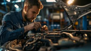 a professional mechanic focused intently on a sleek, modern car's transmission in a well-lit workshop, surrounded by advanced diagnostic equipment and tools, highlighting the precision of digital diagnostics and fluid inspections.