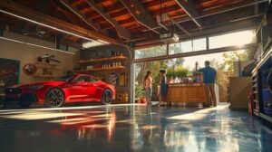 a vibrant, modern garage showcases a family excitedly admiring their sleek car with newly upgraded suspension, emphasizing enhanced performance and joyful driving experiences.