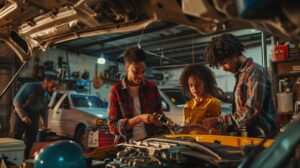 a vibrant urban garage setting features a diverse group of cheerful american families inspecting their vehicles, showcasing a sense of teamwork and problem-solving while addressing vehicle thermostat issues.