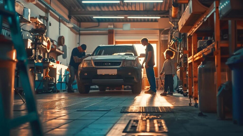 a warmly lit automotive workshop filled with technicians performing detailed inspections on various car steering components, showcasing tools and diagnostic equipment while a satisfied family stands beside their well-maintained vehicle, highlighting the importance of thorough diagnosis for reliable repairs.