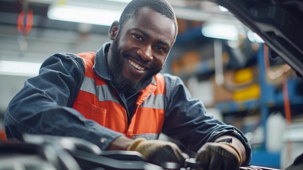 a friendly mechanic smiles as he performs a thorough radiator service on a family car in a well-lit automotive workshop, ensuring the vehicle is ready for summer road trips.