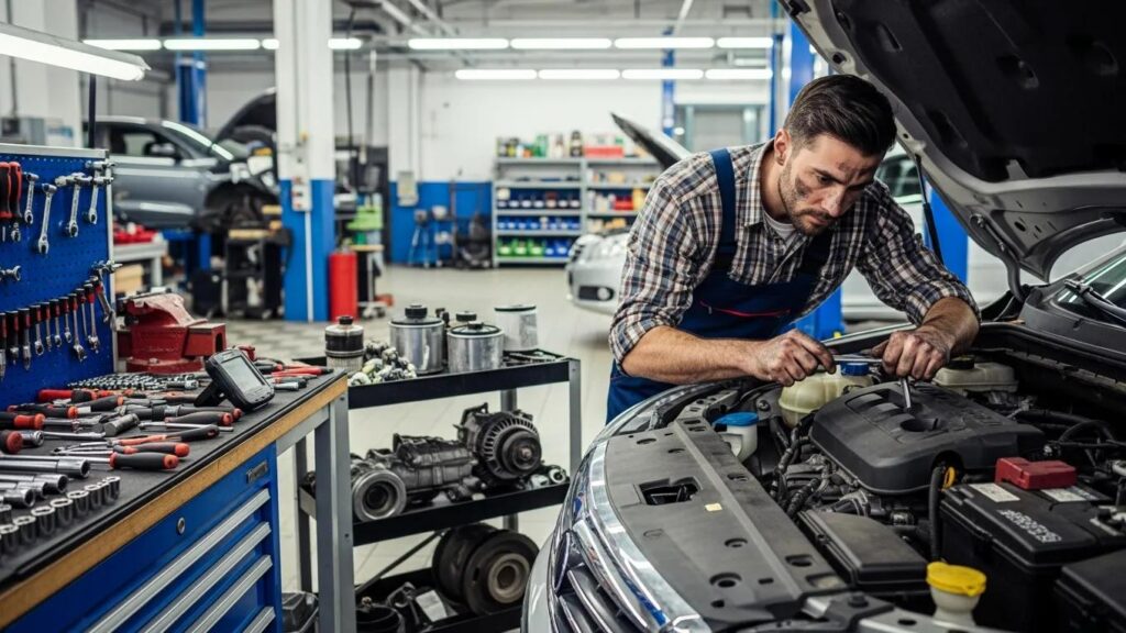 Mechanic working on a car engine, highlighting essential automotive repair terms