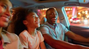 a joyful american family inside a modern, stylish car with a sleek climate control system, set against a vibrant urban backdrop, showcasing their comfort and satisfaction.