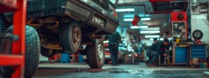 a bustling urban auto repair shop showcases a skilled technician performing a thorough brake inspection on a family-friendly vehicle, emphasizing safety and reliability on the road.