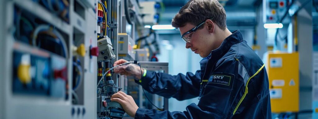 a focused view of a technician in a modern industrial workspace, meticulously handling a freon recharge with specialized equipment, highlighting safety gear and precise monitoring instruments against a backdrop of safety posters and guidelines.