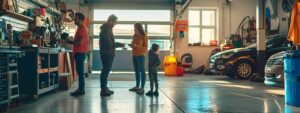 a vibrant indoor auto service center showcases a family engaging with a mechanic, attentively discussing vehicle fluid levels, emphasizing the importance of regular checks for optimal car health.