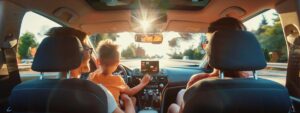 a vibrant interior view of a family joyfully enjoying a road trip in a well-maintained car, with the air conditioning system visibly enhanced, showcasing a cozy and comfortable atmosphere.