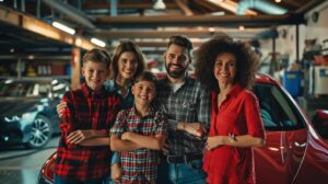 a cheerful american family stands proudly beside their repaired car in a modern urban garage, showcasing a confident smile and relief after resolving common steering system issues.