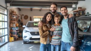 a cheerful american family stands proudly beside their sparkling, well-maintained car in a bright, modern garage, emphasizing the importance of a coolant flush for optimal vehicle performance.