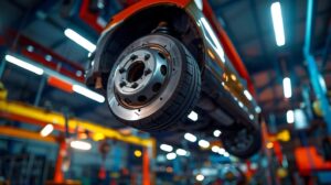 a detailed close-up of a car's brake system in a modern auto shop, illuminated by bright overhead lights, showcasing various tools and diagnostic equipment, emphasizing the technical evaluation process of a brake inspection.