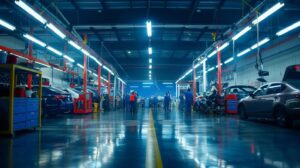 a vibrant, modern car maintenance shop filled with cheerful american families interacting with knowledgeable technicians as they discuss the importance of replacing power steering fluid, illuminated by bright overhead lights and showcasing various vehicles undergoing service.