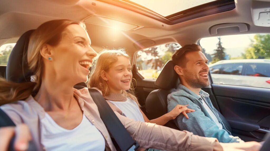 a cheerful american family enjoys a sunny day, comfortably seated inside their car with the climate control system visibly adjusted, highlighting the importance of a functioning climate system for optimal travel comfort.